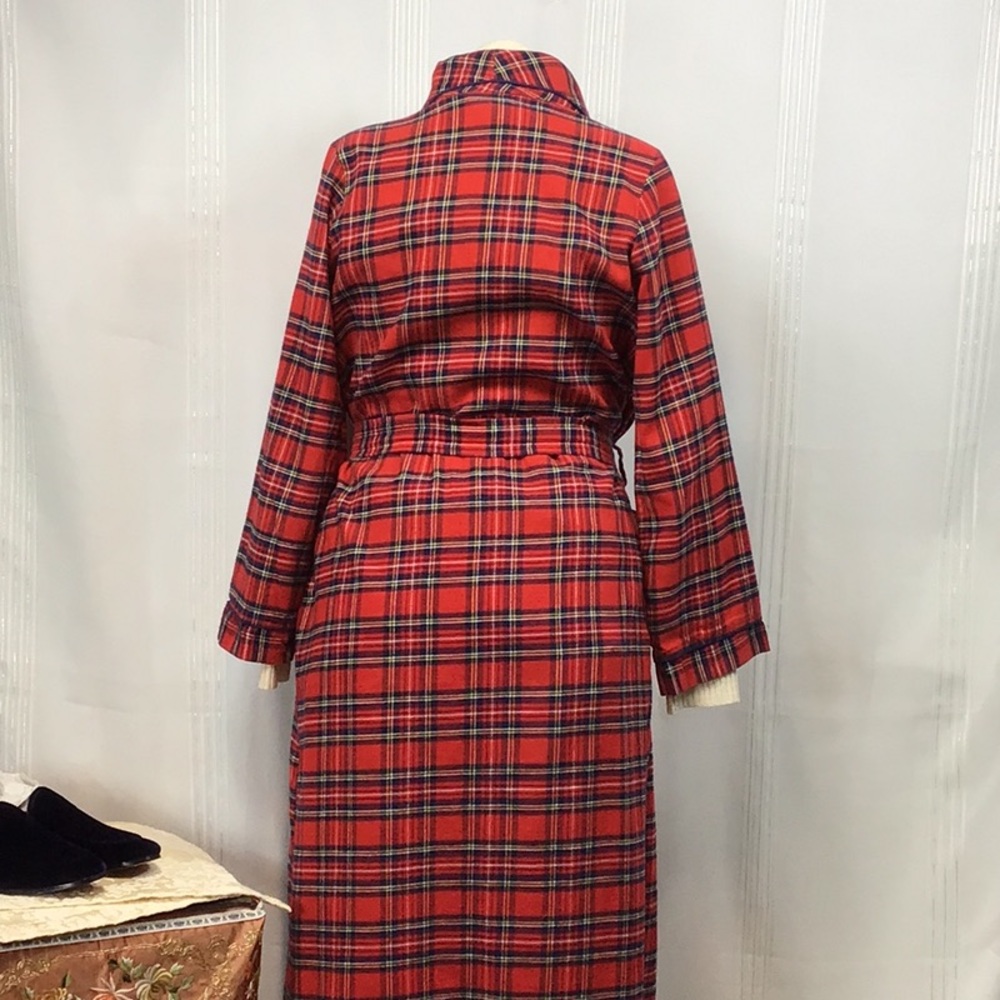 Vintage Red Plaid Tartan Blue Piping Self Tie Belt Front Pocket Flannel Maxi - Picture 3 of 15